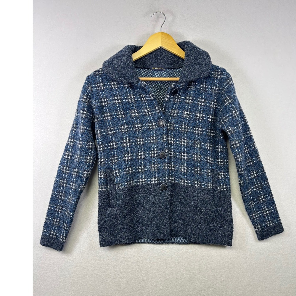 Newcastle‎ Cardigan Sweater Womens Medium Blue Plaid Button Front Shawl